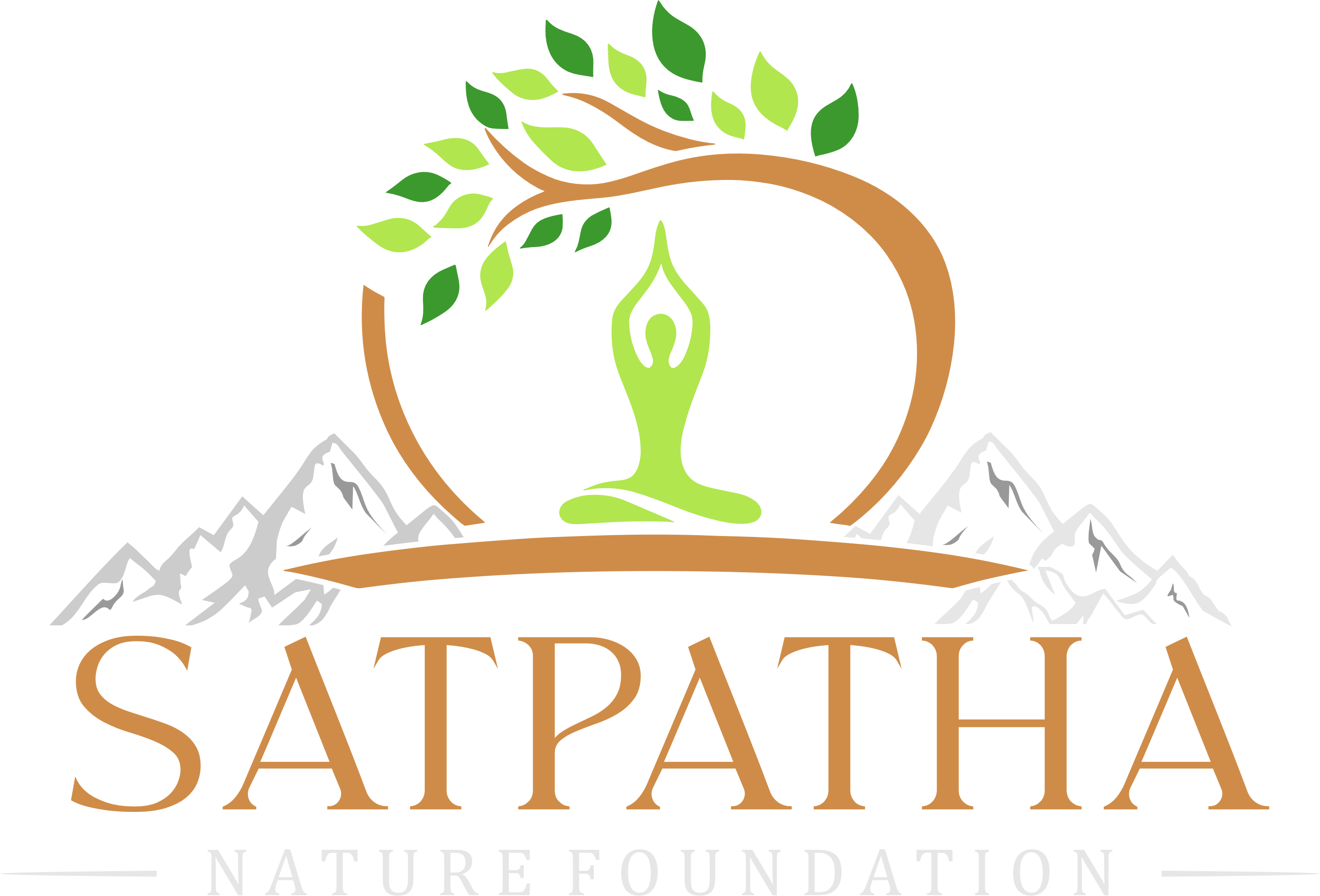 SATPATHA NATURE FOUNDATION logo — a mountain, tree and meditating figure